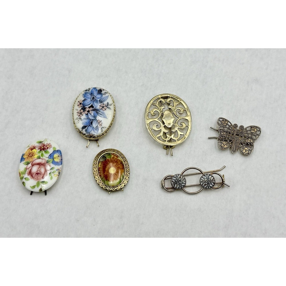 Vintage Floral Porcelain Filigree Barrettes Lot Butterfly Oval‎
